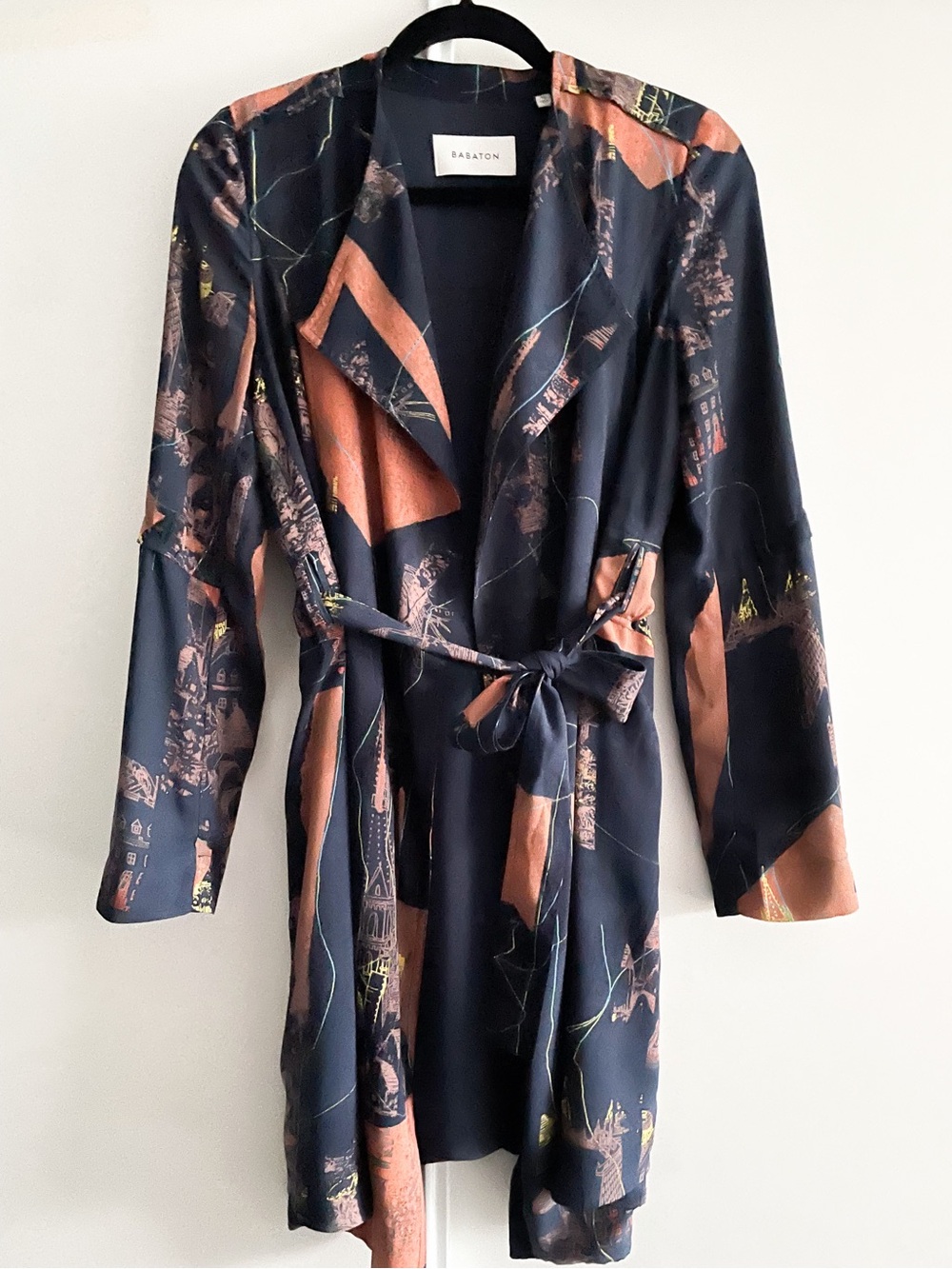 Babaton Navy & Rust Abstract City Scape Trench Coat